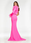 Back. Pink ASHLEYlauren 11131 One-Shoulder Scuba Gown with Feather Details, Heat-Set Stones, Crystal Belt, and Elegant Train