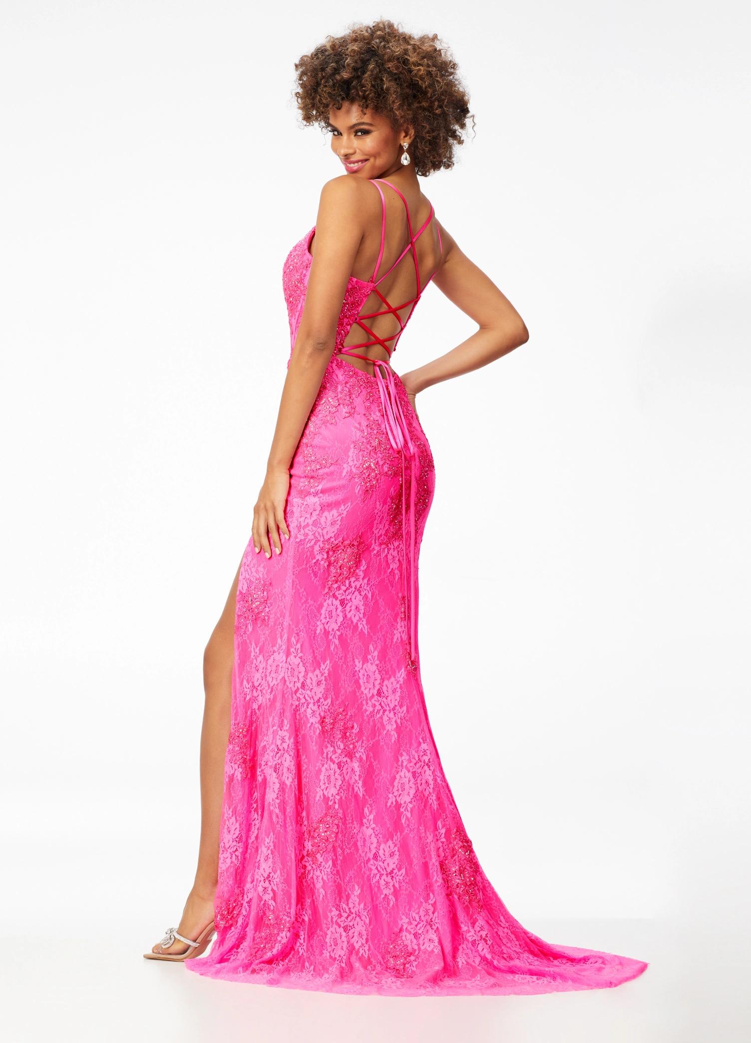 Back. Pink ASHLEYlauren 11145 Lace Gown with Spaghetti Straps, Lace Applique, Heat Press Stones, Lace-Up Back, and Left Leg Slit