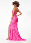 Back. Pink ASHLEYlauren 11145 Lace Gown with Spaghetti Straps, Lace Applique, Heat Press Stones, Lace-Up Back, and Left Leg Slit