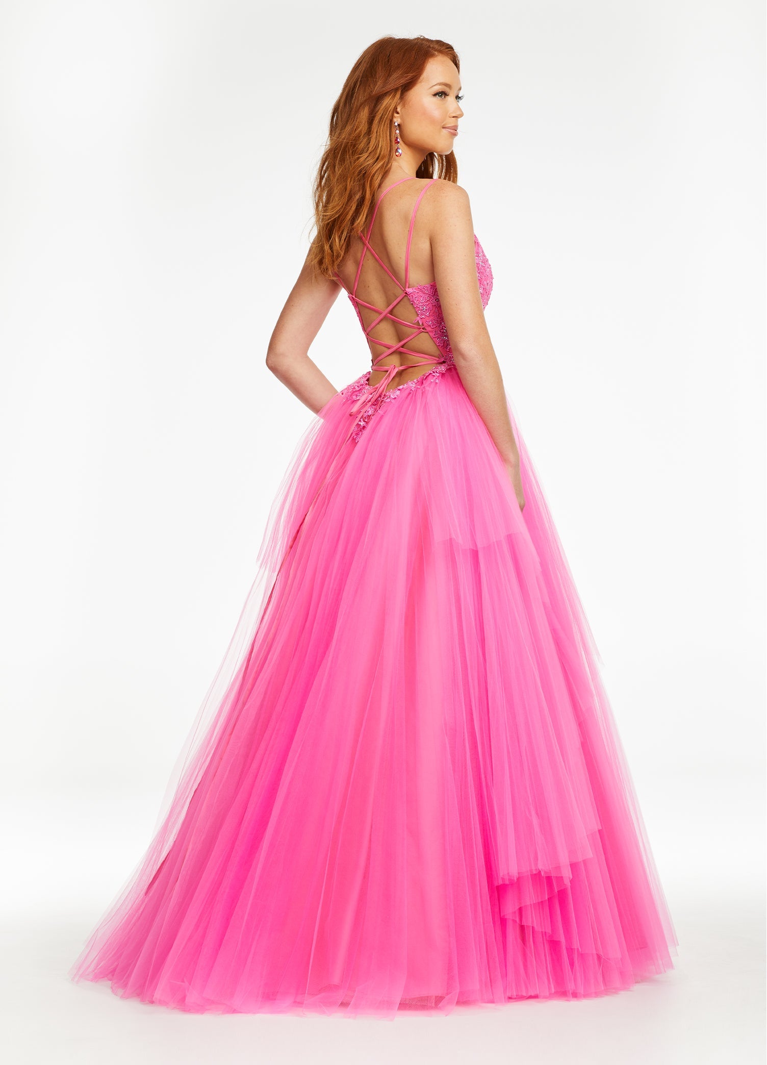 Back. Pink ASHLEYlauren 11146 Pleated Tulle Ball Gown with Spaghetti Straps, Embroidered Lace Bustier, Heat Set Stones, and Lace-Up Back