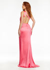 Back. Pink ASHLEYlauren 11164 One-Shoulder Satin Gown with Ruched Bustier, Crystal Belt Waistline, Draped Side Detail, Wrap Skirt, and Open Back