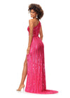 Back. Pink ASHLEYlauren 11240 fully hand-beaded one shoulder gown featuring an intricate bead pattern designed to accentuate curves, a bold cut out detail, and a left leg slit for a striking and glamorous look.