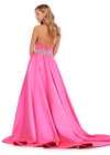 Back. Pink ASHLEYlauren 11249 elegant satin gown featuring a halter neckline, open back, and a crystal beaded accent belt for a timeless and sophisticated statement look.