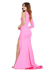 Back. Pink ASHLEYlauren 11272 one sleeve jersey gown featuring an illusion cut-out bustier, left leg slit, and press-on stone trim for a glamorous and modern look.