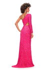 Back. Pink ASHLEYlauren 11340 sequin one shoulder gown featuring a single sleeve, shark bite cut-out, wrap skirt, and left leg slit for a striking and glamorous look.
