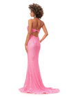 Back. Pink ASHLEYlauren 11362 elegant spaghetti strap gown featuring a sweetheart neckline, sheer illusion bustier adorned with intricate sequin details that cascade onto the skirt and hemline, and a sweep train for a glamorous and sophisticated look.