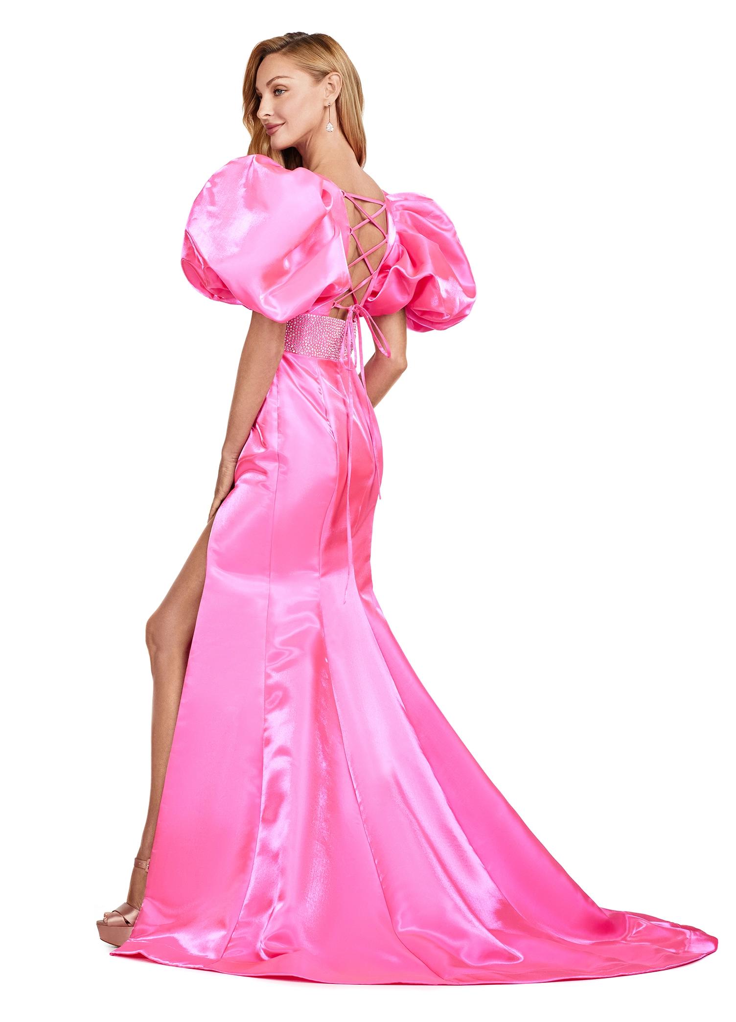 Back. Pink ASHLEYlauren 11379 Shimmer Satin Fitted Gown with V-Neckline, Lace-Up Back, Oversized Puff Sleeves, and Scattered Heat Set Stone Waistband
