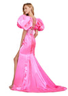 Back. Pink ASHLEYlauren 11379 Shimmer Satin Fitted Gown with V-Neckline, Lace-Up Back, Oversized Puff Sleeves, and Scattered Heat Set Stone Waistband