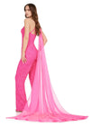 Back. Pink ASHLEYlauren 11384 eye-catching sequin jumpsuit featuring a one shoulder neckline, removable cape, open back with sequin straps, for a bold and glamorous statement look.