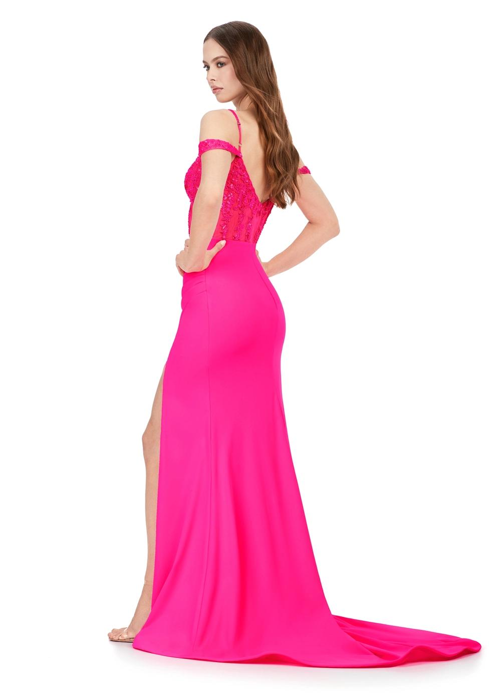 Back. Pink ASHLEYlauren 11391 standout evening gown featuring a sweetheart neckline, off shoulder straps, beaded corset details, and a sleek jersey skirt for an elegant and sophisticated look.