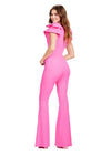 Back. Pink ASHLEYlauren 11422 stylish scuba jumpsuit featuring a crew neckline and dramatic oversized bow sleeves for a bold and elegant look.