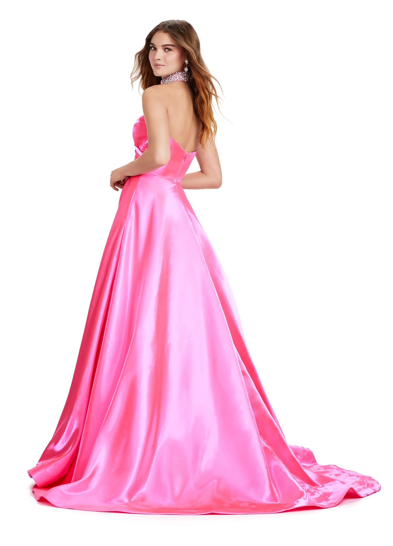 Back. Pink ASHLEYlauren 11473 elegant A-line satin ball gown featuring a strapless sweetheart neckline, ruched bustier, and a fully beaded matching choker for a timeless and glamorous look.