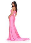 Back. Pink ASHLEYlauren 11525 One Shoulder Fitted Jersey Gown with Delicate Multi-Coloured Floral Heat Set Stones Cascading Down Skirt and Sweep Train