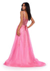 Back. Pink ASHLEYlauren 11526 Fairytale-Inspired Gown with V-Neckline, Lace Appliqué Corset Bustier, Glitter Tulle A-Line Skirt, and Lace Up Back