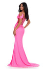 Back. Pink ASHLEYlauren 11536 Jersey Gown with Spaghetti Straps, Off Shoulder Details, Corset Bustier, and Ruched Hip Design