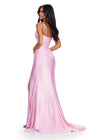 Back. Pink ASHLEYlauren 11549 Red Carpet Ready Shimmer Jersey Gown with Spaghetti Straps, Structured Corset Bustier, Ruched Hip Detail, and Left Leg Slit