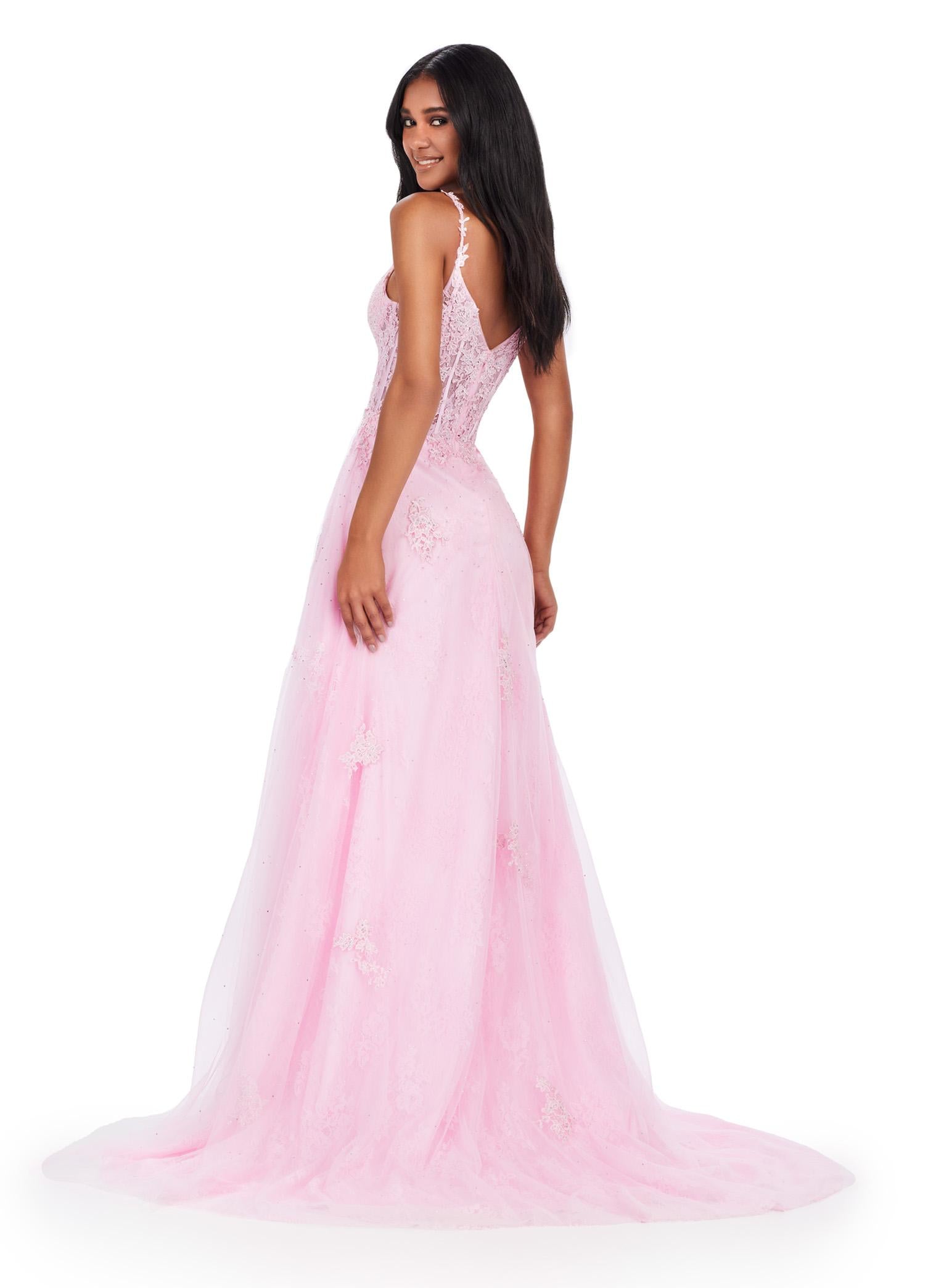 Back. Pink ASHLEYlauren 11558 Elegant A-Line Gown with Spaghetti Straps, Lace Appliqué Bodice, V-Neckline, V-Back, Cascading Appliqué Skirt, Left Leg Slit, and Sweep Train