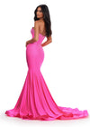 Back. Pink ASHLEYlauren 11560 Classic Strapless Jersey Gown with Glamorous Beaded Corset Bustier, Sparkling Press On Stone Accents, and Sweep Train