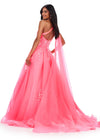 Back. Pink ASHLEYlauren 11573 Romantic One Shoulder Organza Ball Gown with Intricate Sequin Appliqué, Open Back, and Draped Organza Cape
