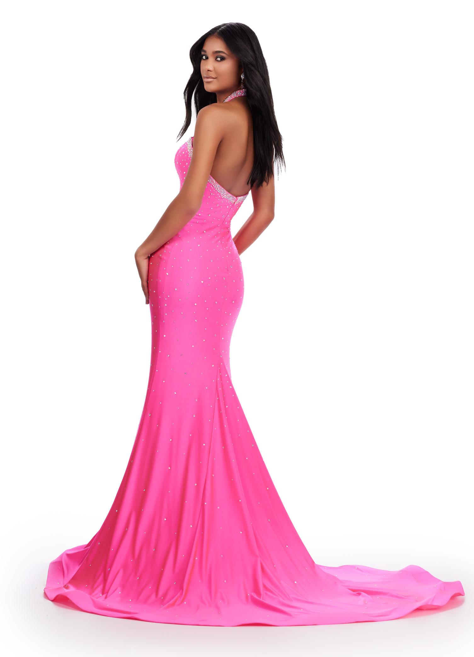 Back. Pink ASHLEYlauren 11578 Edgy Fitted Jersey Gown with Halter Neckline, Bold Cut Outs, and Glamorous Press On Stone Details