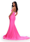 Back. Pink ASHLEYlauren 11578 Edgy Fitted Jersey Gown with Halter Neckline, Bold Cut Outs, and Glamorous Press On Stone Details