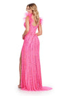 Back. Pink ASHLEYlauren 11586 Fully Beaded Gown with Sweetheart Neckline, Feather Shoulder Straps, and Left Leg Slit