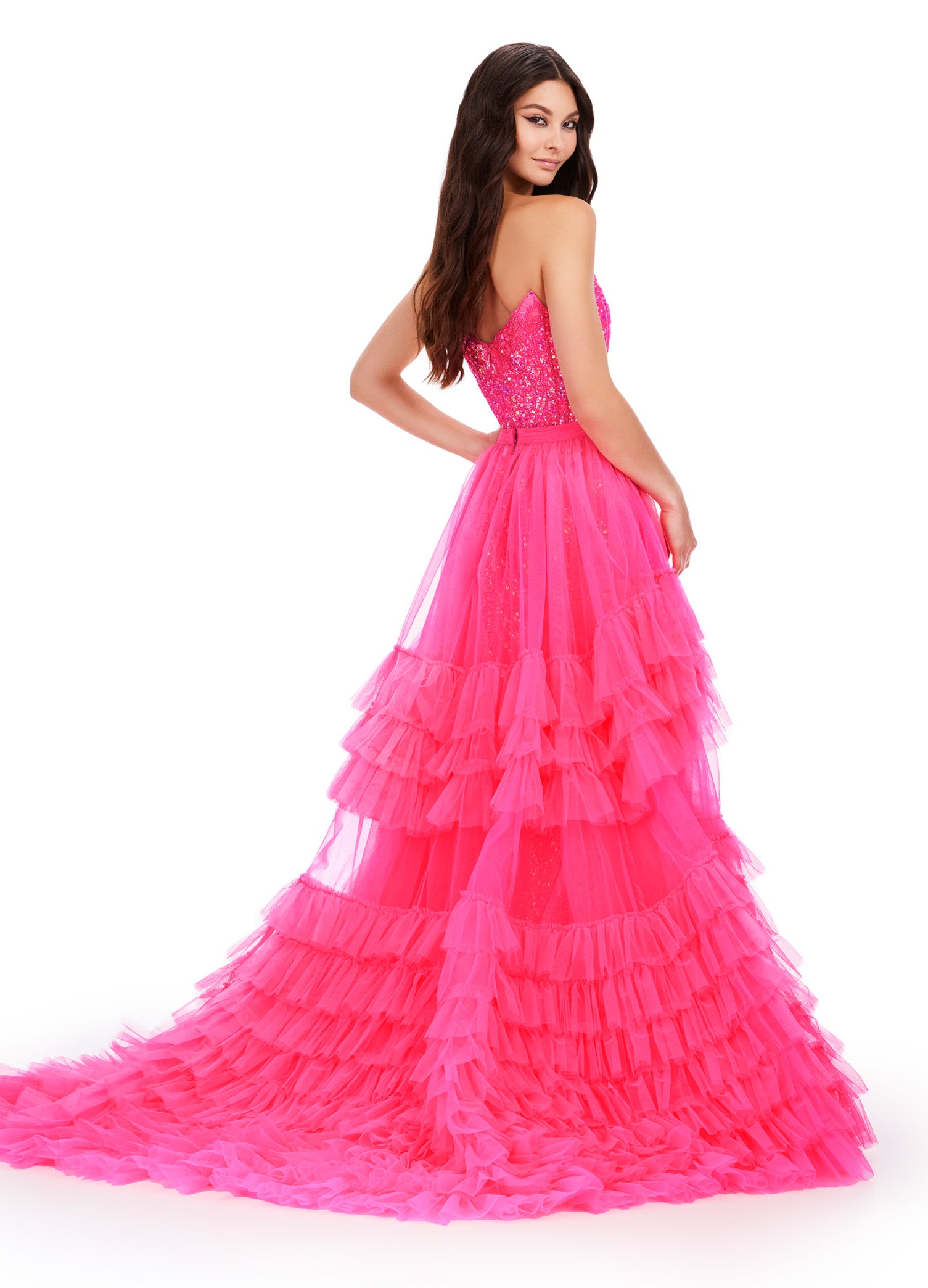 Back. Pink ASHLEYlauren 11602 Tiered Tulle Overskirt with Voluminous Layers, Perfect for Adding Drama to Any Gown, Jumpsuit, or Cocktail Look