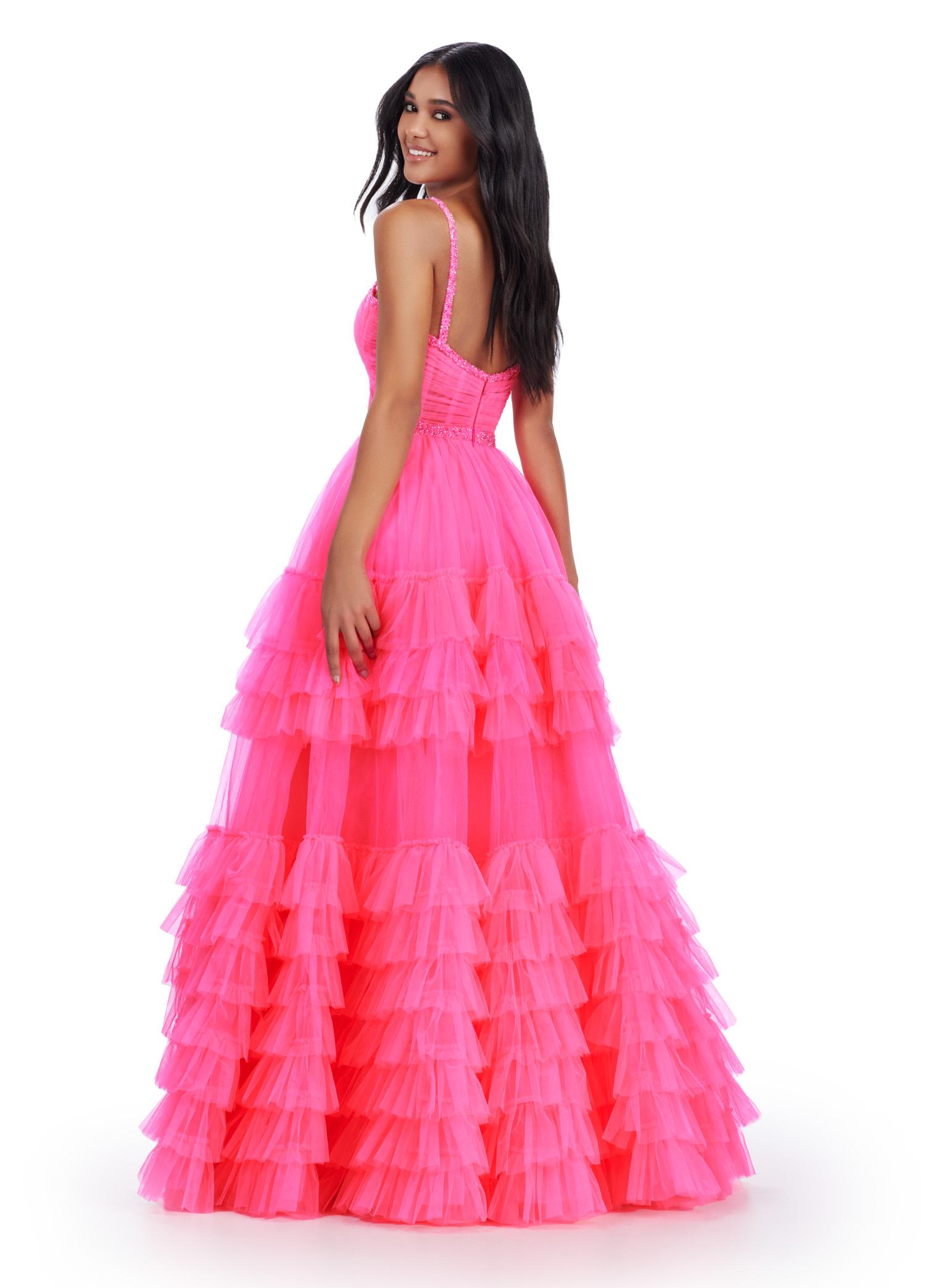 Back. Pink ASHLEYlauren 11603 Spaghetti Strap Tulle Ball Gown with Tiered Skirt, Beaded Waist and Strap Accents, and Corset Bustier
