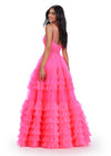 Back. Pink ASHLEYlauren 11603 Spaghetti Strap Tulle Ball Gown with Tiered Skirt, Beaded Waist and Strap Accents, and Corset Bustier
