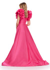 Back. Pink ASHLEYlauren 11610 A-Line Mikado Gown with Deep V-Neckline, V-Back, Dramatic Ruffle Sleeves, and Skirt Slit