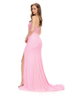 Back. Pink ASHLEYlauren 11659 fully beaded gown featuring a strapless corset bustier, asymmetrical waistline to accentuate curves, fitted silhouette, left leg slit, and horsehair trim for an elegant and glamorous look.