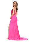 Back. Pink ASHLEYlauren 11664 fitted jersey gown featuring a fully beaded corset bustier, spaghetti straps, lace-up back, ruched waist detailing, and a left leg slit for a sleek and glamorous look.