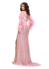 Back. Pink ASHLEYlauren 11667 fully hand-beaded gown featuring a sweetheart neckline, off shoulder feather-adorned sleeves, crystal-trimmed bustier and left leg slit for a glamorous and luxurious look.