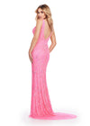 Back. Pink ASHLEYlauren 11669 Fully Beaded Gown with Illusion V-Neckline, Sheer Side Cut Outs, Low V-Back, and Fitted Silhouette