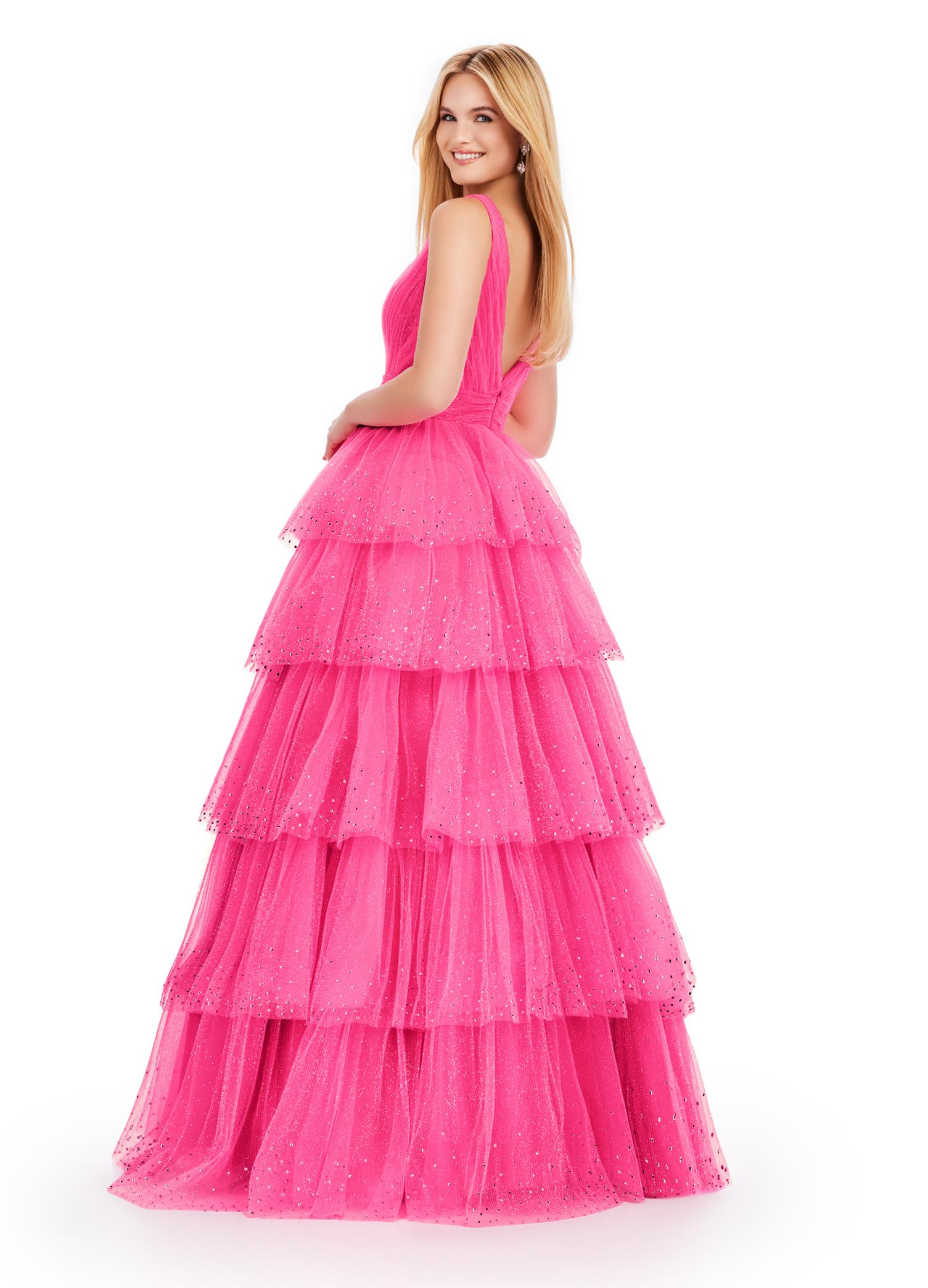 Back. Pink ASHLEYlauren 11672 Sparkling Glitter Tulle Ball Gown with V-Neckline, V-Back, Heat-Set Stones, and Voluminous Multi-Tiered Ruffle Skirt