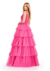 Back. Pink ASHLEYlauren 11672 Sparkling Glitter Tulle Ball Gown with V-Neckline, V-Back, Heat-Set Stones, and Voluminous Multi-Tiered Ruffle Skirt