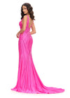 Back. Pink ASHLEYlauren 11693 fitted jersey gown featuring a V-neckline, open back, and press-on stone embellishments for a sleek, glamorous, and timeless look.