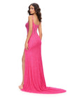 Back. Pink ASHLEYlauren 11711 elegant gown featuring a fully hand-beaded bodice, spaghetti straps, corset bustier, illusion neckline, and a left leg slit for a glamorous and sophisticated look.