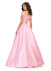Back. Pink ASHLEYlauren 11771 elegant Mikado A-line ball gown featuring an off shoulder neckline, unique floral detailing, and a full ball gown skirt for a romantic and sophisticated look.