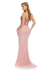 Back. Pink ASHLEYlauren 11830 dazzling fully hand-beaded gown featuring a sweetheart neckline, corset bustier, left leg slit, and a horsehair-trimmed skirt for a glamorous and elegant look.