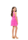 Back. Pink ASHLEYlauren Kids 8176 fabulous feather cocktail dress featuring a crew neckline, open back, crystal-encrusted waistband, and a full feather skirt accented with scattered crystals for a glamorous and standout look.