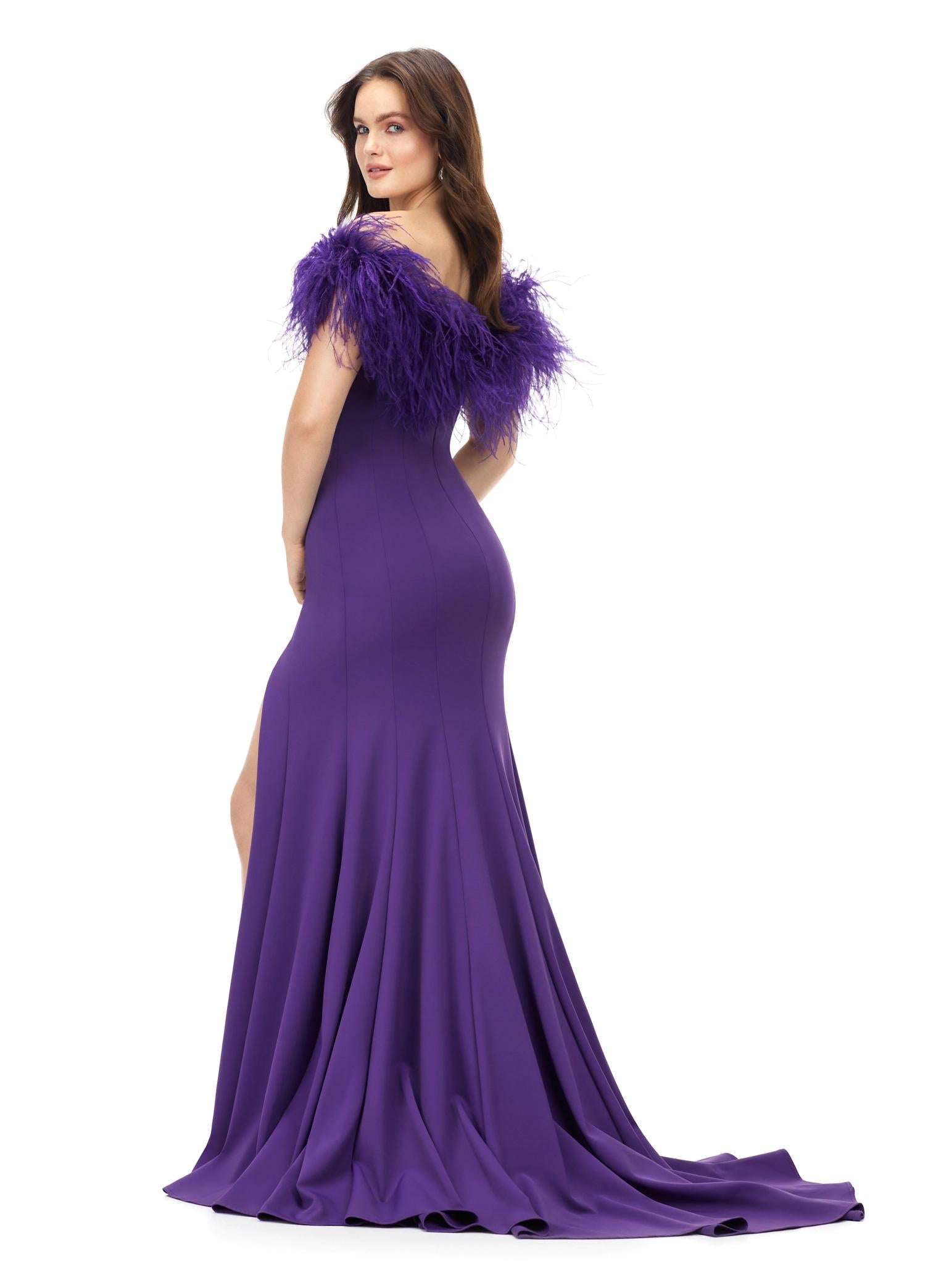 Back. Purple ASHLEYlauren 11101 Off-Shoulder Scuba Gown with Sweetheart Neckline, Feather Accents, and Left Leg Slit