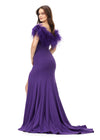 Back. Purple ASHLEYlauren 11101 Off-Shoulder Scuba Gown with Sweetheart Neckline, Feather Accents, and Left Leg Slit