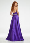 Back. Purple ASHLEYlauren 11148 High Neck Mikado Column Gown with Open Back, Beaded Neckline and Belt, and Attached Overskirt