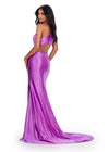 Back. Purple ASHLEYlauren 11577 Elegant One Shoulder Fitted Satin Gown with Draped Bodice, Side Cut Out, and Sparkling Crystal Brooch Accent