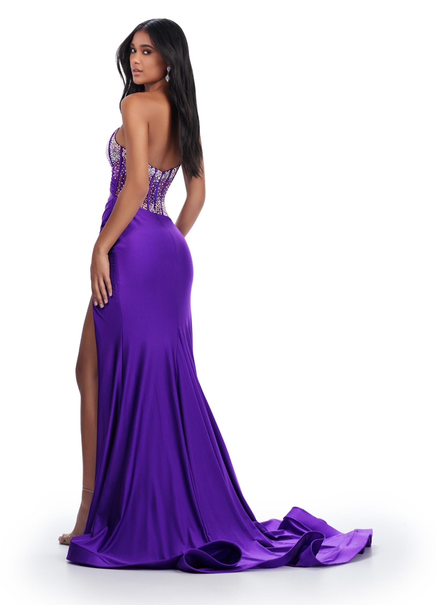 Back. Purple ASHLEYlauren 11617 Elegant One Shoulder Jersey Gown with Glamorous Beaded Corset Bustier, Ruched Hip Detail, and Left Leg Slit