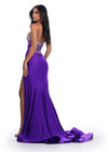 Back. Purple ASHLEYlauren 11617 Elegant One Shoulder Jersey Gown with Glamorous Beaded Corset Bustier, Ruched Hip Detail, and Left Leg Slit