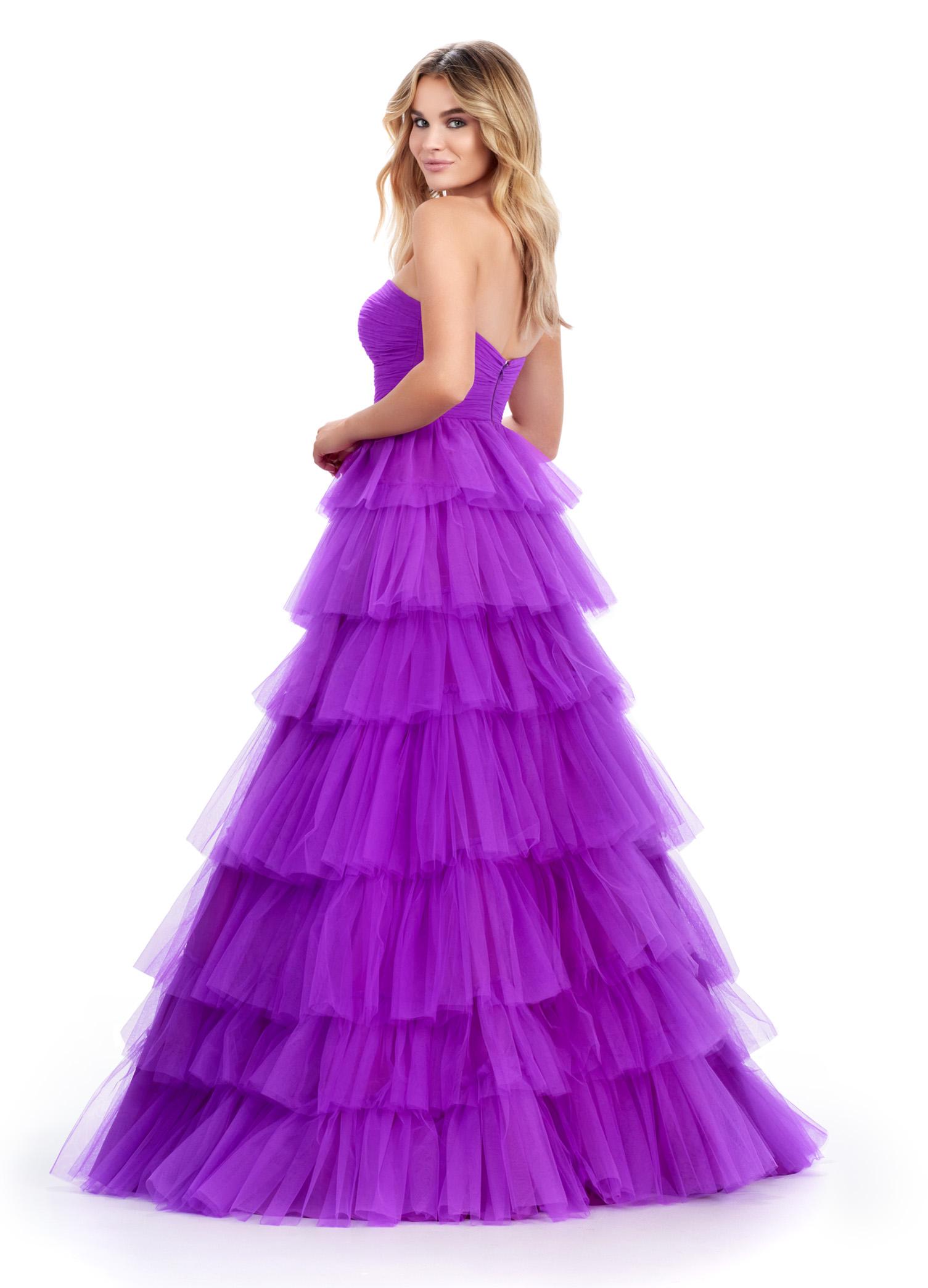 Back. Purple ASHLEYlauren 11621 Strapless Tulle Ball Gown with Ruched Bustier and Layered Multi-Tiered Skirt