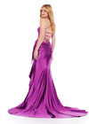 Back. Purple ASHLEYlauren 11638 Edgy Shimmer Jersey Gown with Spaghetti Straps, Structured Corset Bustier, Statement Bow and Ruffle Accent, and Lace Up Back