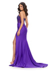 Back. Purple ASHLEYlauren 11690 Glamorous Strapless Gown with Exposed Corset Boning Encrusted in Press On Stones, Ruched Skirt, and Left Leg Slit